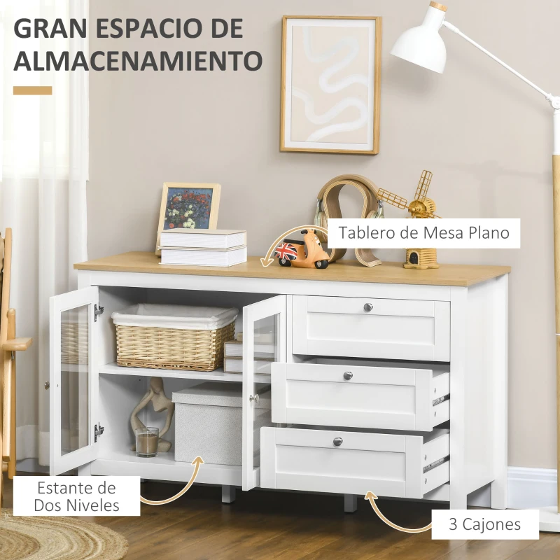 HOMCOM Aparador para Salón Armario Auxiliar con 2 Puertas de Vidrio 3 Cajones Estante Ajustable para Cocina 120x40x70 cm Blanco