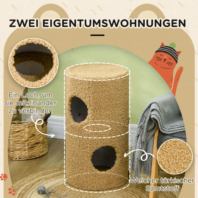 PawHut Kratztonne im Bärendesign, 2 Katzenhöhlen, 1 Kratzfläche, Weiß + Braun