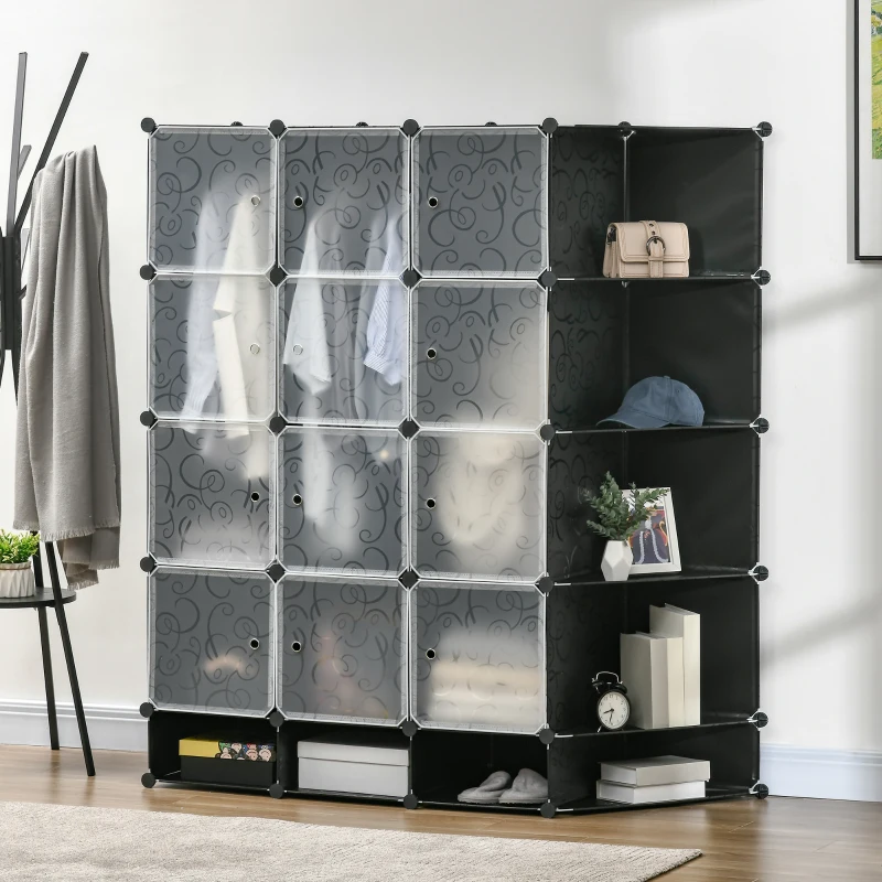 HOMCOM Armario Modular Organizador Portátil con 16 Compartimentos y 2 Barras de Colgar Ropa Negro y Blanco