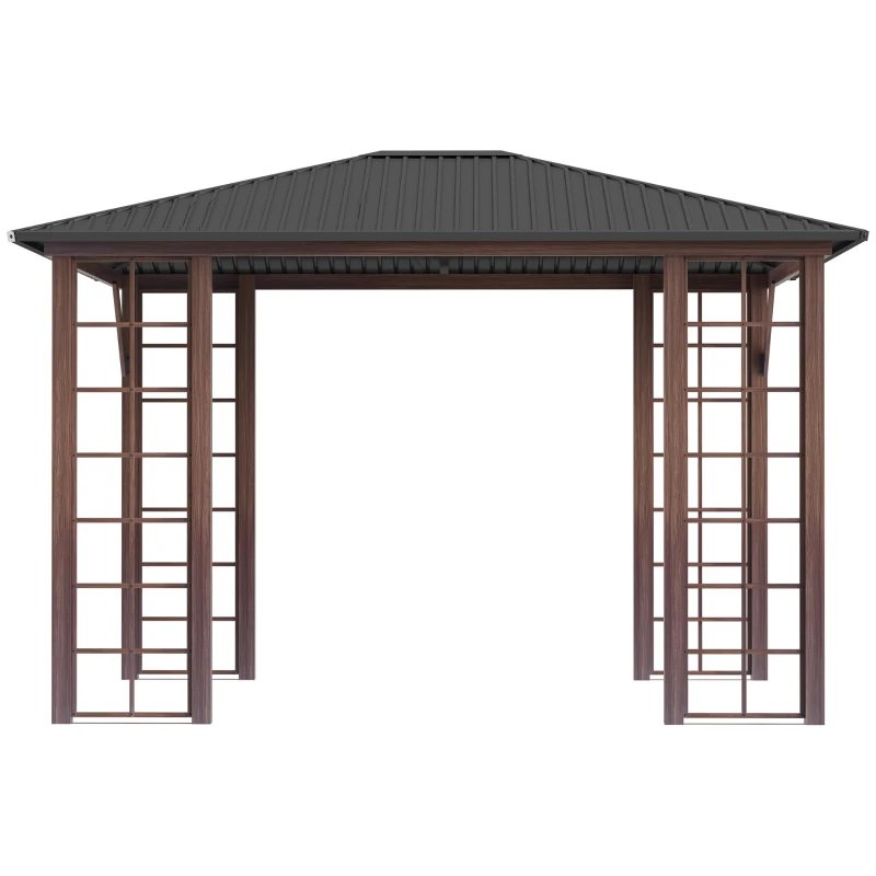 Outsunny Tonnelle pavillon de jardin avec toit rigide 364 x 299 x 280 cm structure en métal marron gris