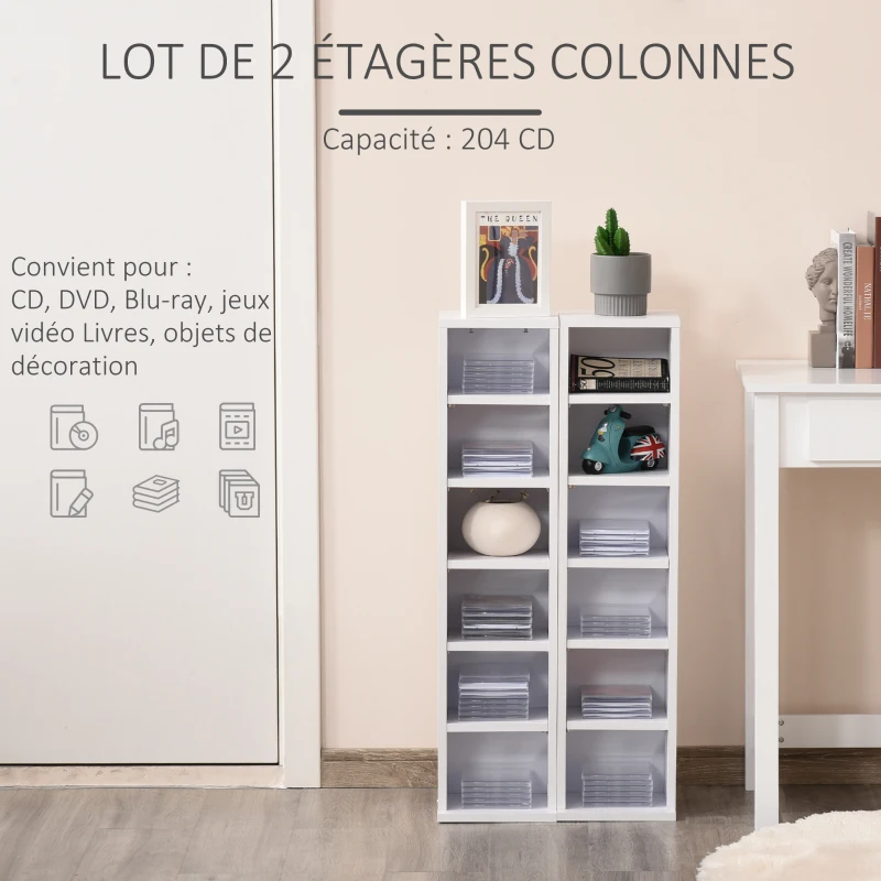 HOMCOM Lot de 2 étagères colonnes armoire de rangement CD-DVD 6 + 6 compartiments 21 x 22,5 x 88,5 cm capacité max. 204 CD blanc