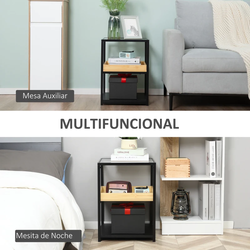 HOMCOM Mesa Auxiliar de 3 Niveles Mesita de Noche Estilo Moderno con Encimera de Cristal Estantes de Madera y de Acero para Dormitorio Salón 40x40x55 cm Negro