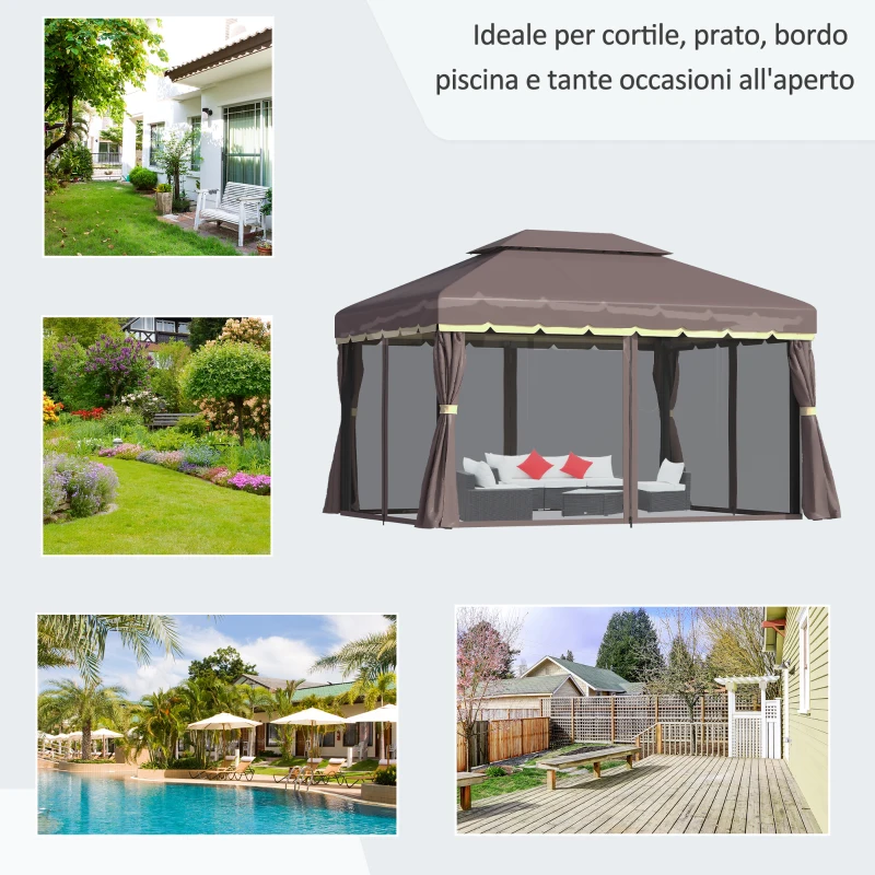 Outsunny Gazebo da Giardino 3x4m con Doppio Tetto, Zanzariera e Tende, Alluminio e Poliestere, Color Caffè
