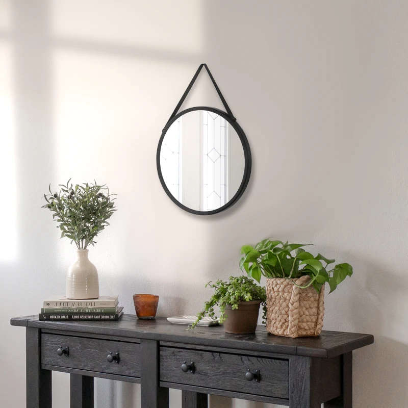 HOMCOM Espejo Decorativo de Pared 30x30 cm Espejo Redondo de Metal con Cinturón para Salón Entrada Estilo Moderno Negro