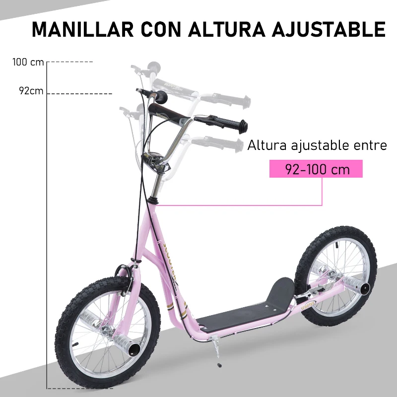 HOMCOM Patinete Scooter 2 Ruedas 16 Pulgadas Monopatín para Niños y Adultos Manillar Ajustable con 2 Frenos y Caballete Carga 100kg 143x58x92-100cm Rosa