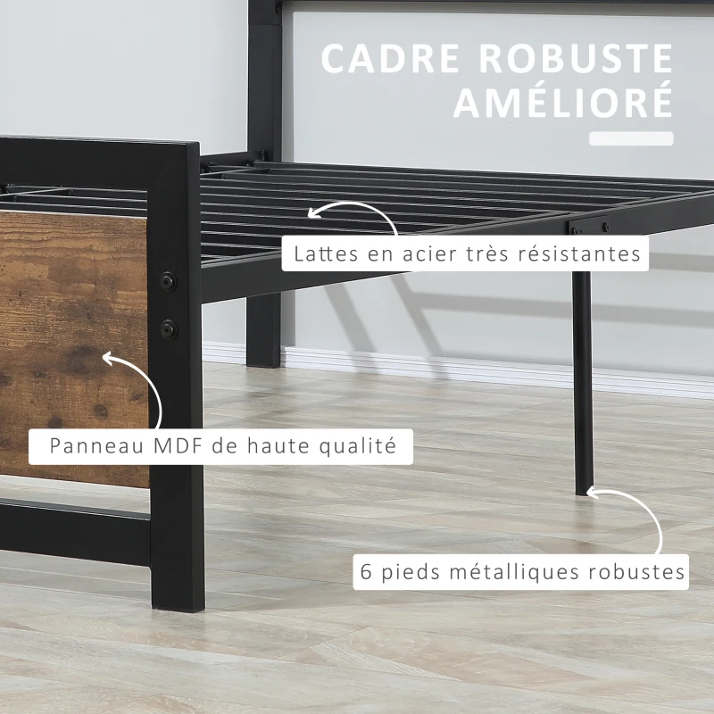 HOMCOM Cadre de lit en acier lit simple 97 x 195 x 103 cm compatible matelas 90 x 190 cm aspect bois avec veinage