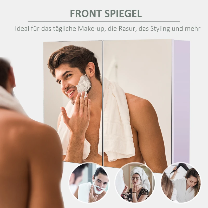 HOMCOM Spiegelschrank Badschrank mit zwei Türen Hängeschrank Badezimmerspiegel Badmöbel Mehrzweckschrank für Badezimmer Soft-Close-Funktion MDF Weiß 80 x 15 x 60 cm