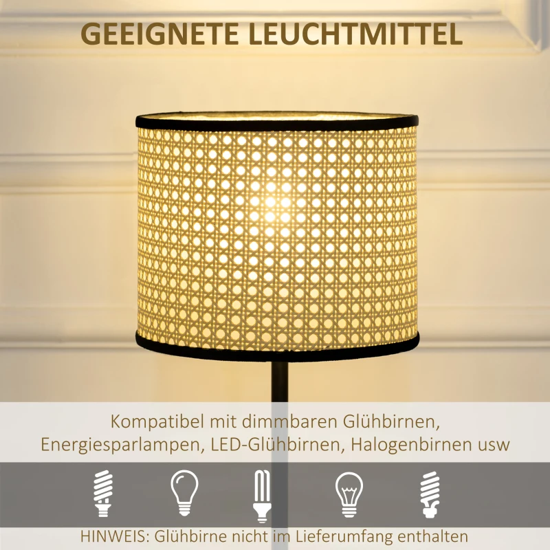 HOMCOM Tischleuchte im Vintage-Design, Lampenschirm aus Rattan, 25 cm x 25 cm x 47 cm, Natur + Schwarz