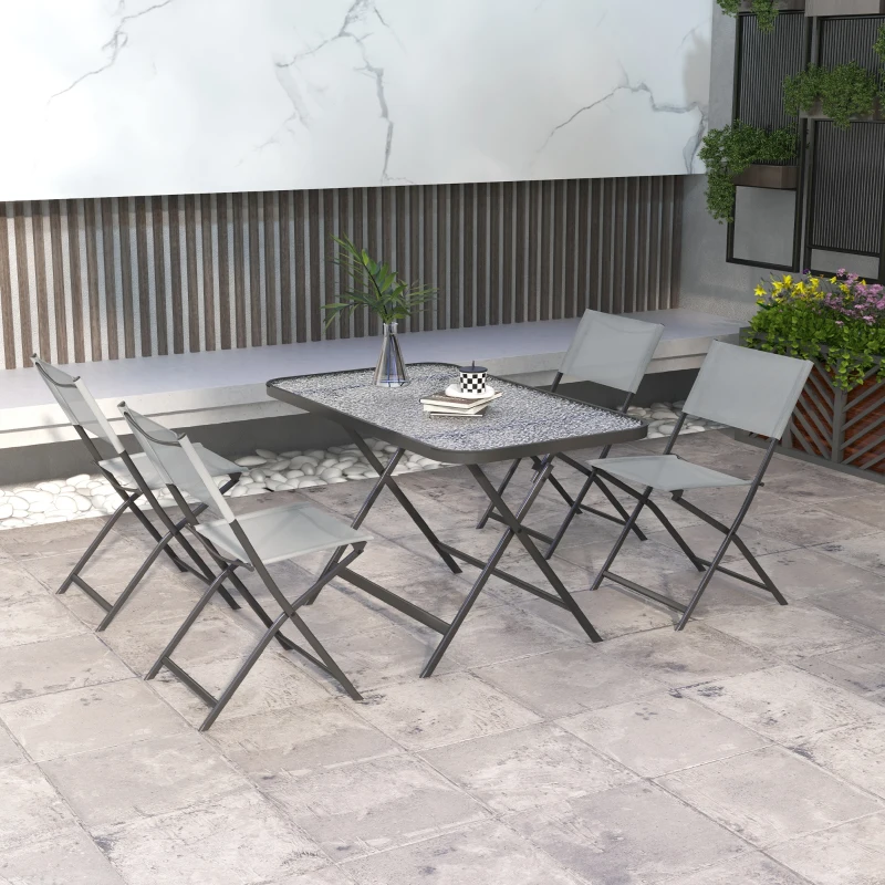 Outsunny Conjunto de Mesa y 4 Sillas de Jardín Plegable con Mesa de Vidrio Templado Estilo Moderno para Terraza Patio Gris