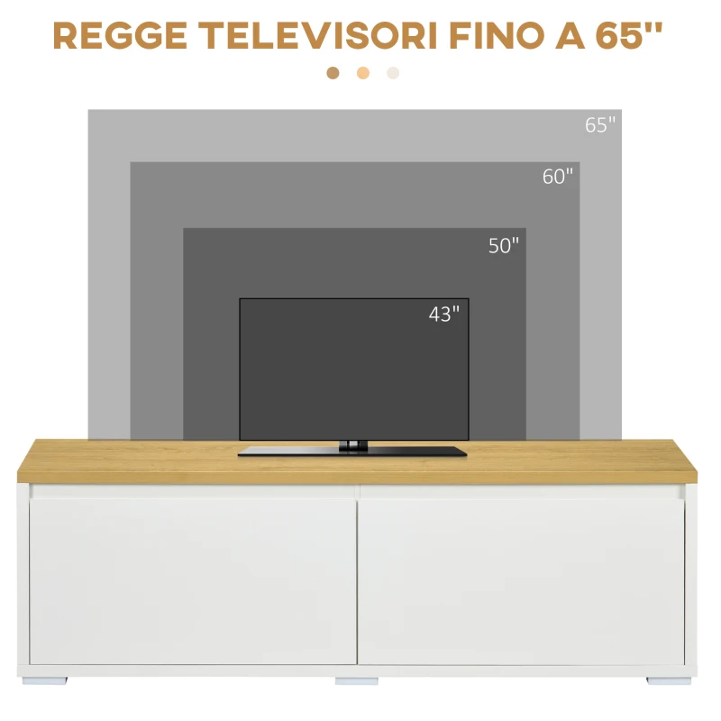 HOMCOM Mobile Porta TV fino a 65" con Armadietti e Ante a Ribalta in Truciolato, 140x37x45cm, Bianco e Color legno