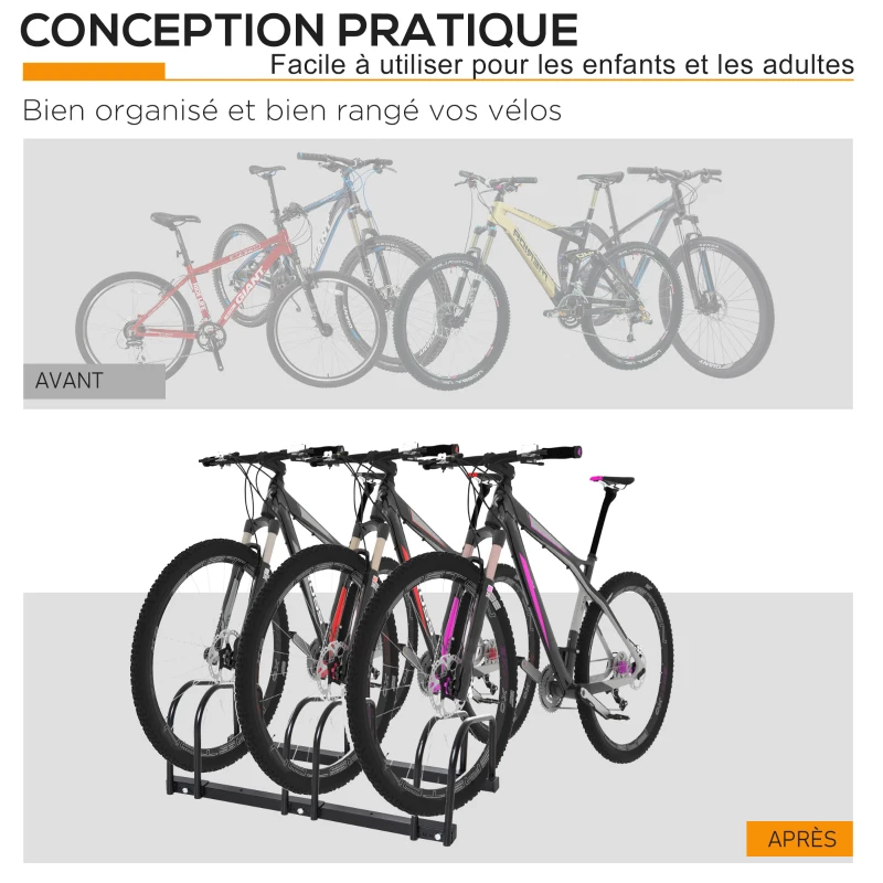 Râtelier 3 vélos - HOMCOM - rangement pneu 65 mm sol ou mural - pour VTT enfants BMX - 76 x 33 x 27 cm - acier - noir