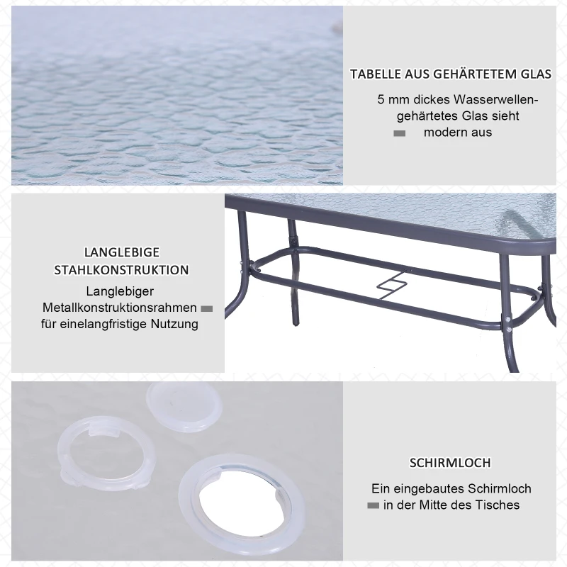 Outsunny Gartentisch Bistrotisch Balkontisch Garten Beistelltisch Bistrotisch Gartenmöbel mit Glasplatte Schirmloch Hartglas + Metall Carbongrau 140 x 80 x 70 cm