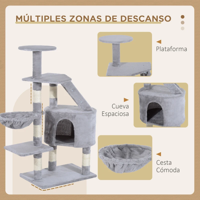 PawHut Torre para Gatos 55x40x125 cm con Postes Escalera Cueva Espaciosa Hamaca y Varias Plataformas Gris