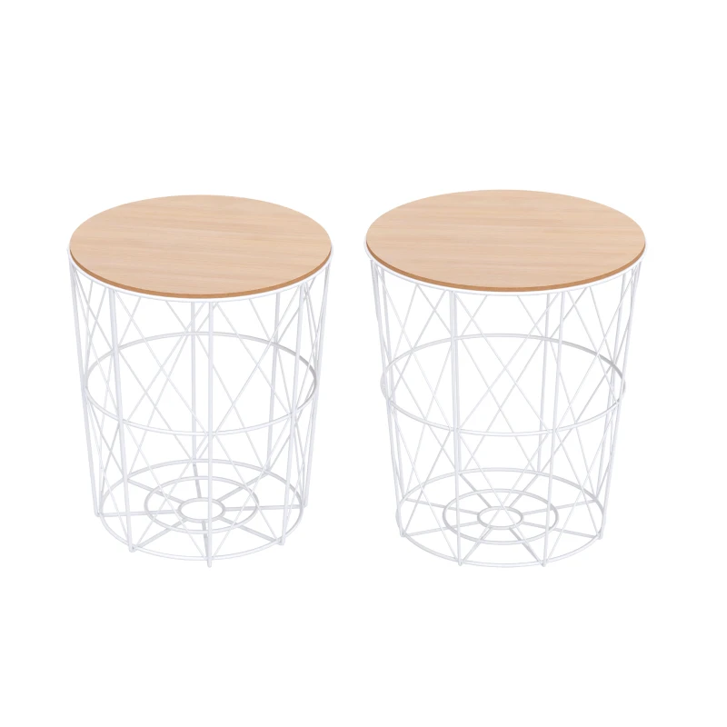 HOMCOM Lot de 2 Tables Basses gigognes Tables d'appoint Rondes encastrables Style néo-rétro Bicolore Structure métal Blanc Plateau MDF Coloris hêtre