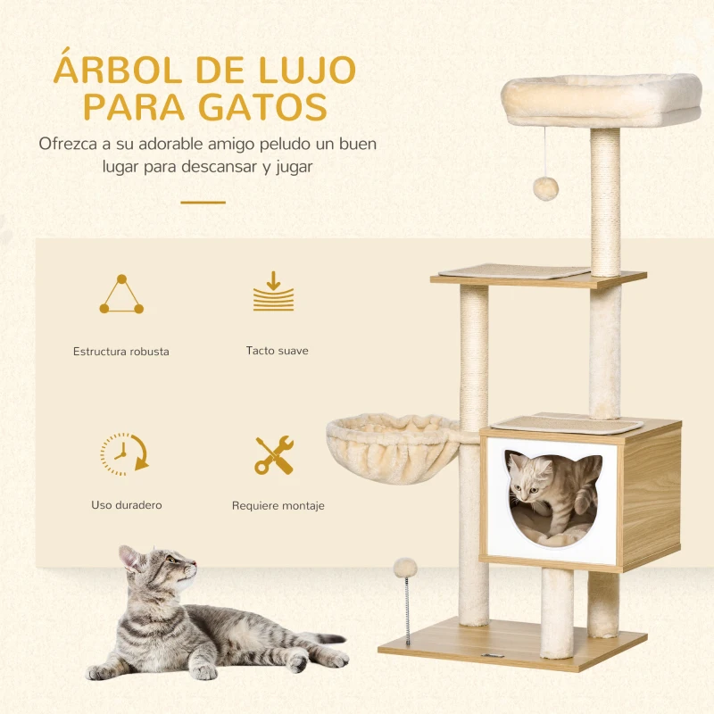 PawHut Árbol Rascador para Gatos con Plataforma Torre Escalador para Gatos con Hamaca Caseta Cama Postes 48x40x126 cm Beige