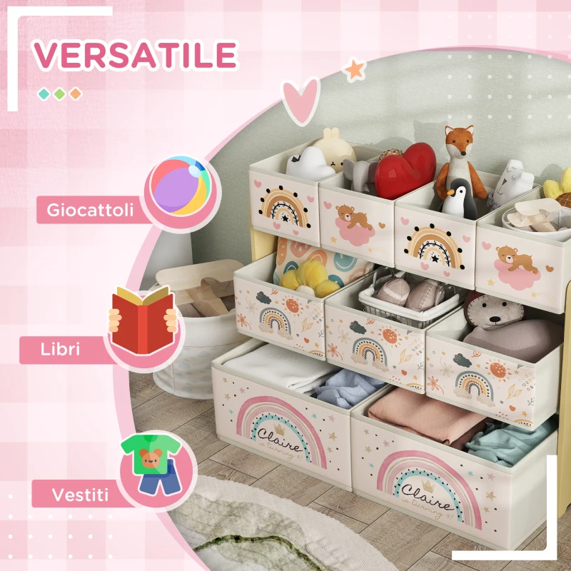 AIYAPLAY Mobile Portagiochi per Bambini a 3 Livelli con 9 Contenitori in Tessuto, 93x30x70 cm, Giallo