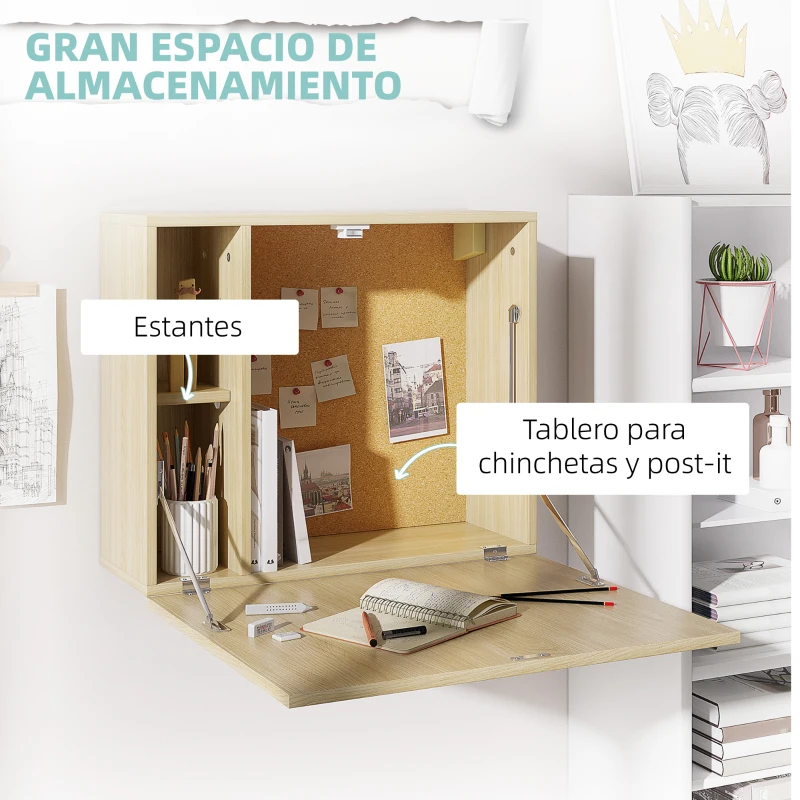 HOMCOM Escritorio Flotante Multifuncional Mesa Plegable de Pared Moderna con Estante de Almacenamiento 60x20x50 cm Roble