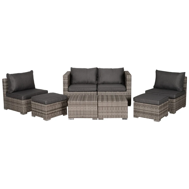 Outsunny 8 Pieces Rattan Garden Furniture Set, Garden Corner Sofa Set with 4 Chairs, 2 Footstools, 2 Coffee Tables and Cushions, Space-Saving Design, No Assembly Required, Grey