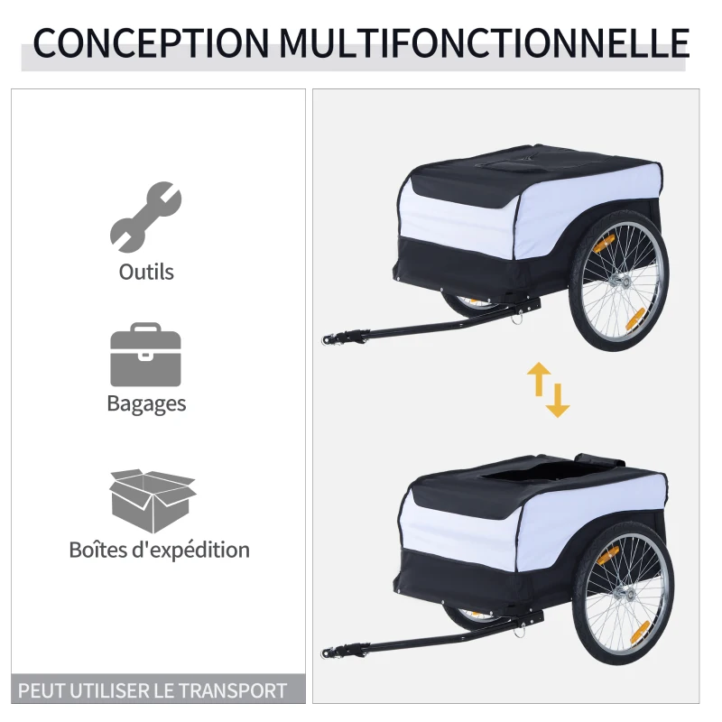 HOMCOM Remorque à vélo cargo en acier avec couvercle amovible et attelage 140 x 77 x 65 cm blanc et noir
