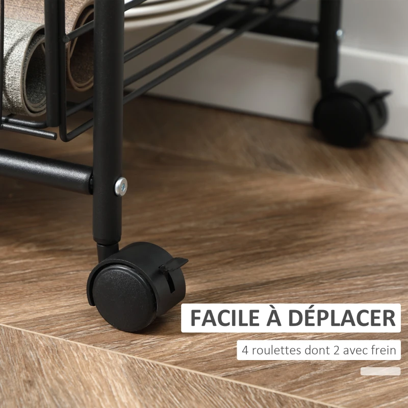 HOMCOM Desserte cuisine 3 niveaux, chariot de service, chariot de rangement à roulettes avec 2 paniers extractibles, étagère et crochets latéraux, 60 x 38 x 85,5 cm, noyer