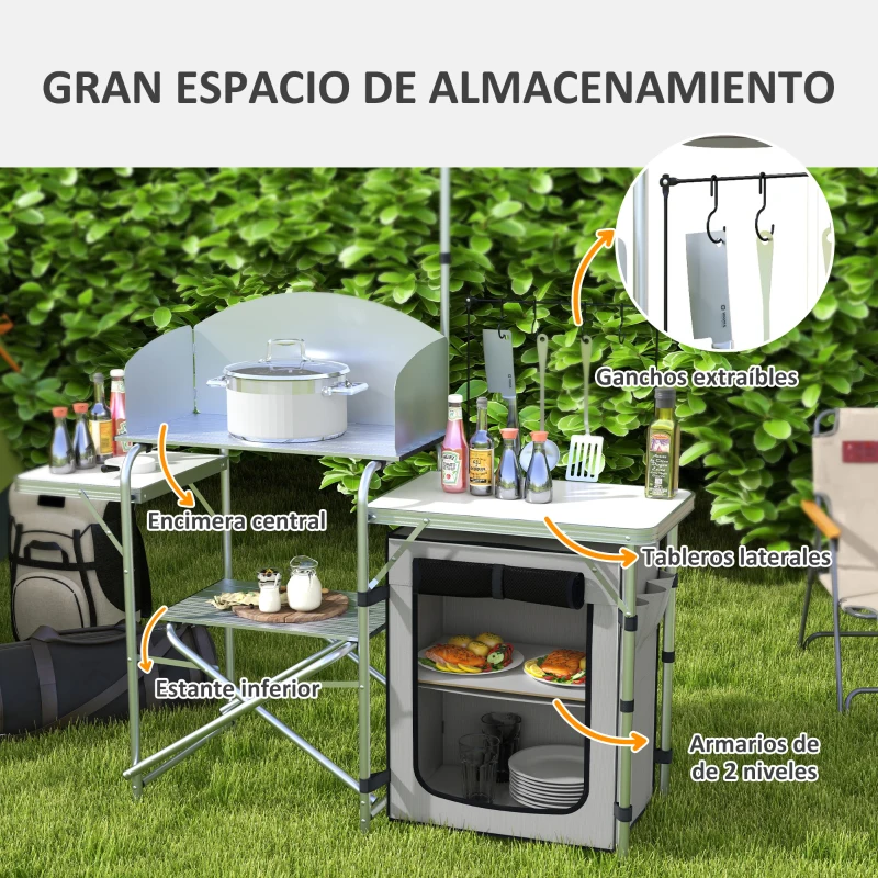 Outsunny Mueble de Cocina para Camping Plegable con Mesas Estantes y Bolsa de Transporte 144x48x119 cm Plata y Gris Claro