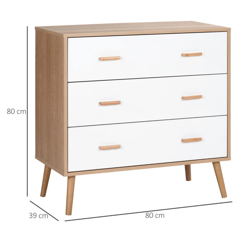 HOMCOM Kommode mit 3 Schubladen Sideboard Schubladenkommode Schrank Mehrzweckschrank Wohnzimmer Esszimmer Skandi-Design Weiß+Natur 80 x 39 x 80 cm