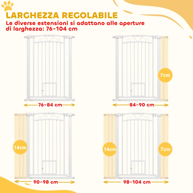 PawHut Cancellino per Cani Regolabile con Estensioni e Porta per Gatti, 76-104x106cm, Bianco