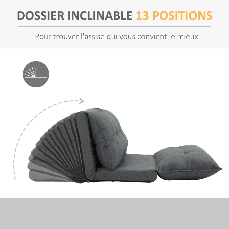 HOMCOM Fauteuil de sol paresseux chauffeuse fauteuil convertible fauteuil salon - Matelas d'appoint - inclinaison dossier réglable 13 Positions - tissu lin gris