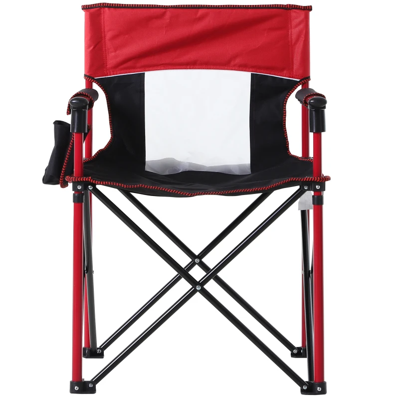 Outsunny Folding Fishing Camping Chair Portable Picnic Armchair Director Seat Oxford Metal Frame with Cup Holder, Phone Pocket - Red