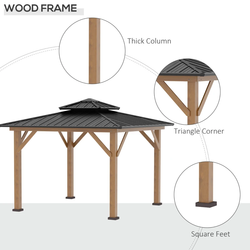Outsunny 3.5 x 3.5m Outdoor Hardtop Gazebo Canopy with Two-tier Metal Roof and Solid Wood Frame Outdoor Patio Shelter for Patio, Garden, Black