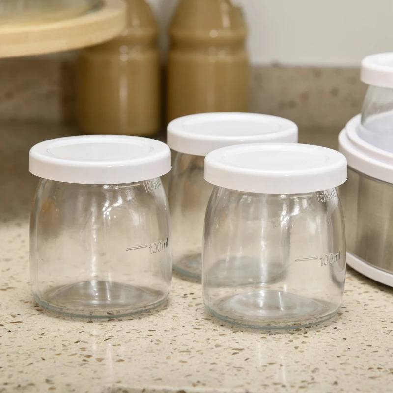 HOMCOM Yaourtière 7 pots de 180ml machine à yaourt électrique en acier inoxydable thermostat réglable 24 x 24 x 13 cm blanc