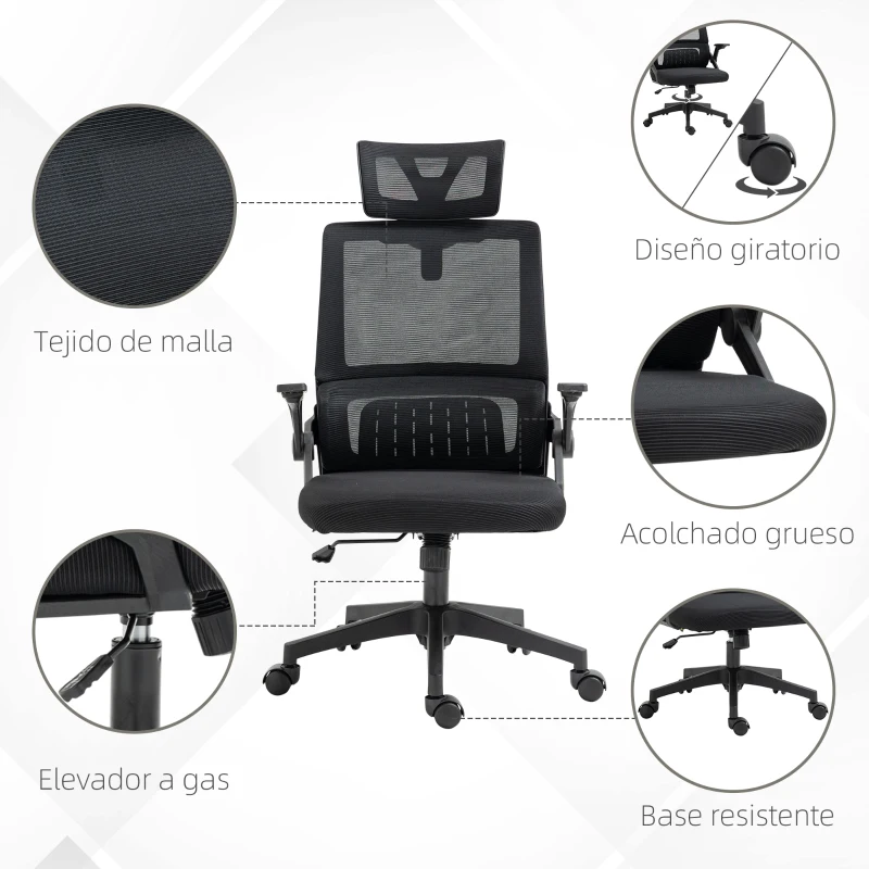 Vinsetto Silla de Oficina de Malla Silla de Escritorio Giratoria Altura y Reposacabezas Ajustable 60x61x104,5-121,5 cm Negro