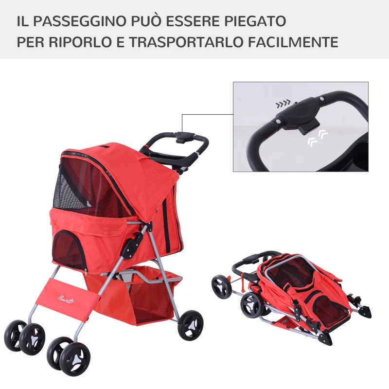 PawHut Passeggino per Cani Piccoli Pieghevole, Carrozzina per Cani con Ruote con Freni, Portabicchieri, Cestino Portaoggetti, 3 Finestre e Ruote Anteriori a 360°, per Animali Domestici 10 kg, Rosso