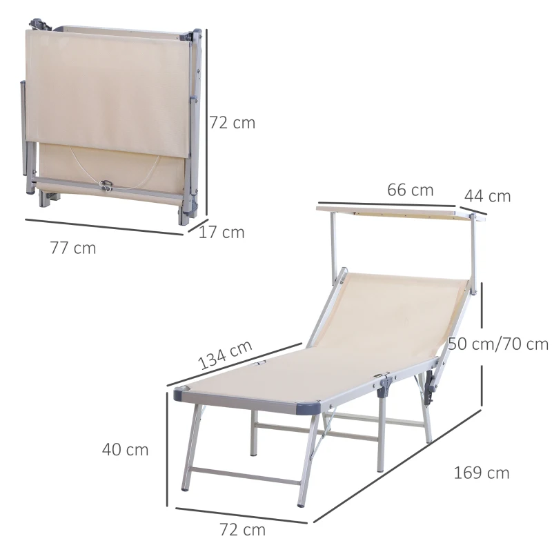 Outsunny Tumbona Plegable y Reclinable con Toldo Incorporado para Jardín Terraza Carga 120 kg 169x72x50/70 cm Beige