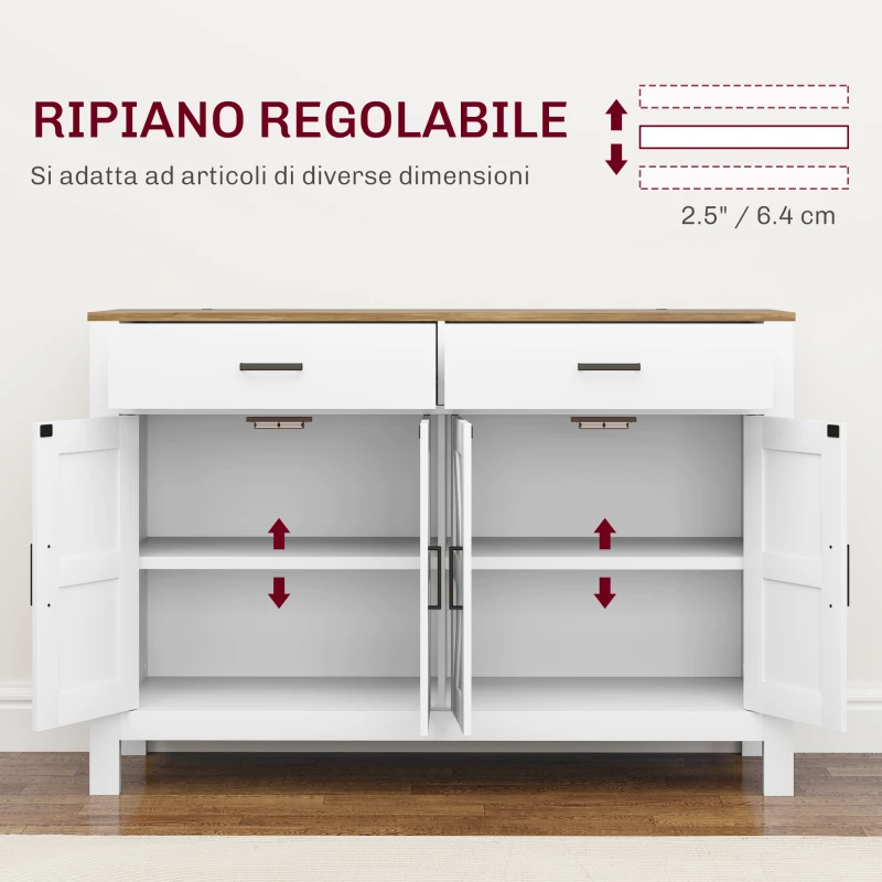 HOMCOM Credenza da Cucina con 2 Cassetti e 2 Armadietti Stile Rustico con Mensole Regolabili, Bianco