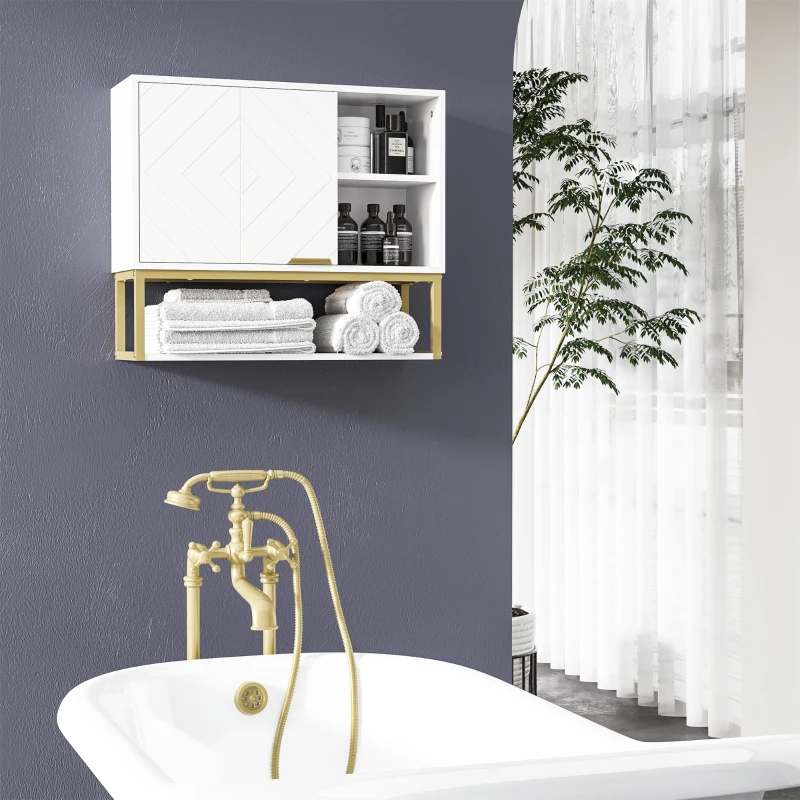 kleankin Armadietto Bagno a 2 Livelli, Montaggio a Parete con Ripiani Aperti in MDF Bianco, 60x20x51 cm