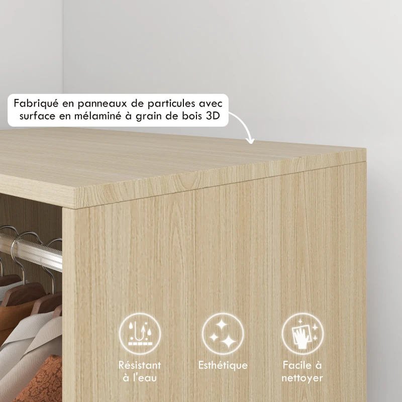 HOMCOM Armoire penderie étagère 2 niches penderie 4 roulettes pivotantes dim. 60L x 40l x 128H cm bois naturel