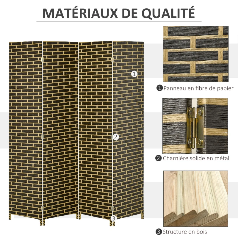 HOMCOM Paravent intérieur 4 Panneaux Pliables 180L x 180H cm séparateur de pièce Bois de peuplier Fibres de Papier tressée Chocolat Paille