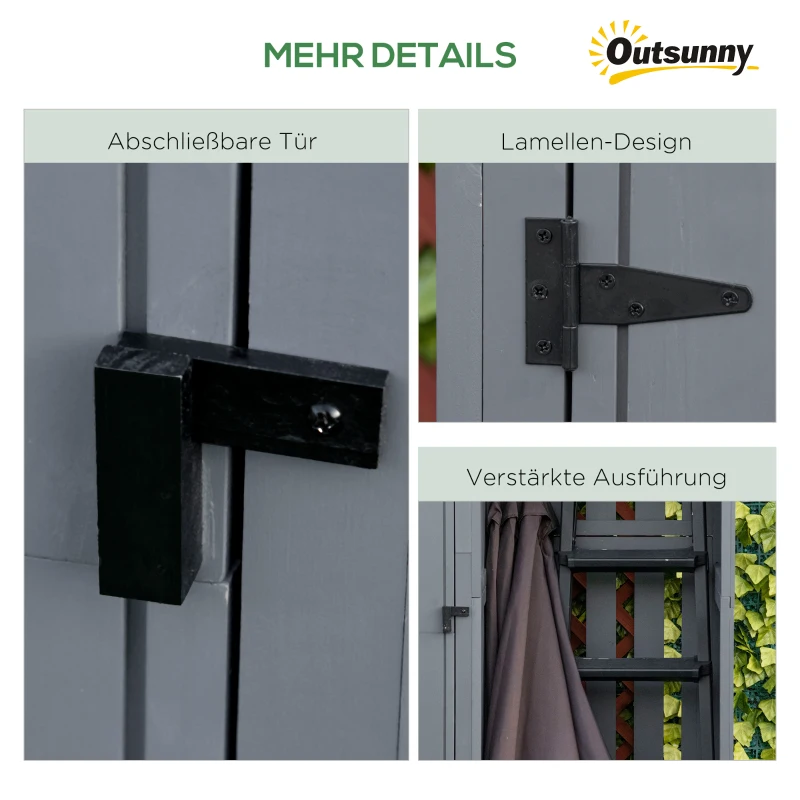 Outsunny Gartenschrank, offenes Brennholzfach, verriegelbare Tür, wetterfest, Naturholz, 129 x 51,5 x 180cm, grau+schwarz