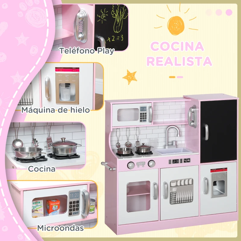 AIYAPLAY Cocina para Niños de +3 Años con Accesorios para Cocinar Pizarra Máquina de Hielo y Teléfono 83,8x26,8x81 cm Rosa(m-5)