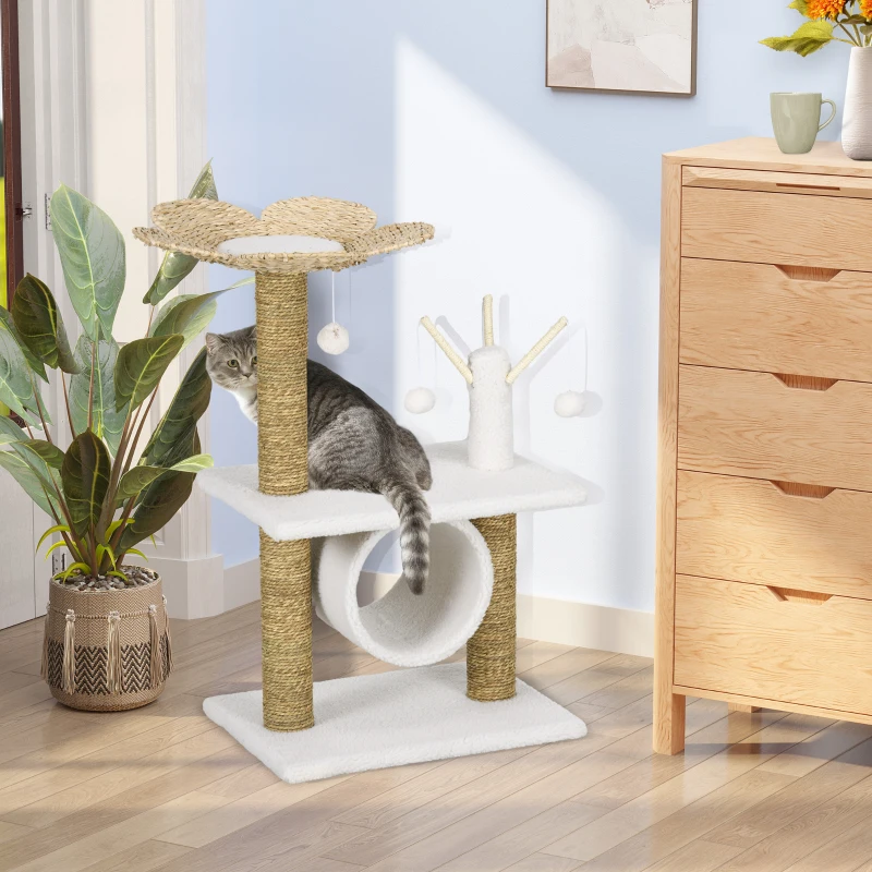 PawHut Árbol Rascador para Gatos Torre para Gatos con Cama Forma de Flor Postes Rascadores 56x40x91 cm Blanco y Marrón