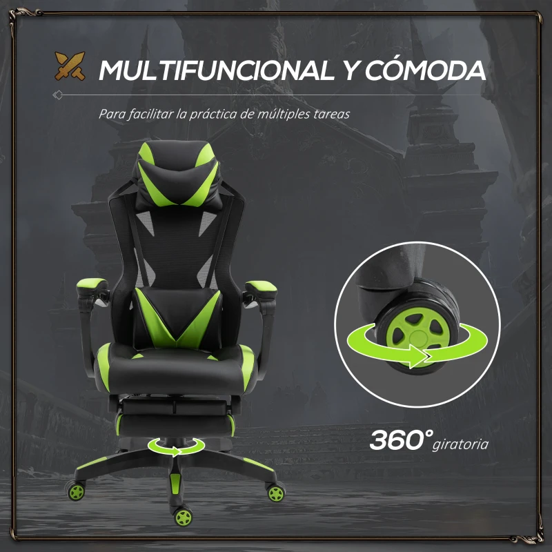 Vinsetto Silla Gaming Ergonómica Silla de Escritorio para Oficina con Altura Ajustable Respaldo Regulable de 170° Almohada Lumbar y Reposapiés Retráctil 65x70x117-125 cm Verde