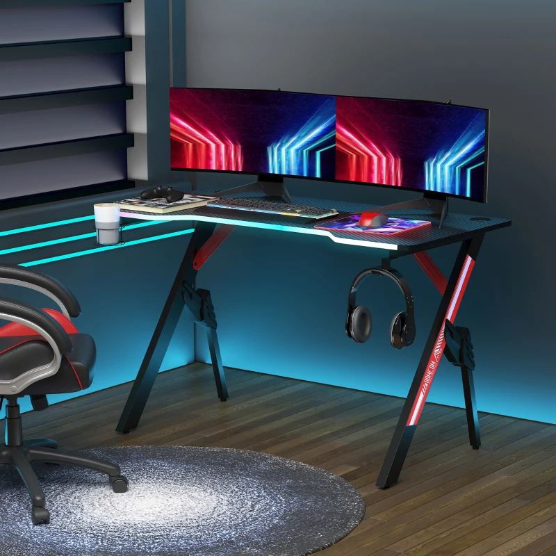 HOMCOM 1.2m Gaming Desk w/ RGB Light Steel Frame | Racing Style Computer Table w/ Cup Holder Headphone Cable Management | Study Workstation Home Bedroom - Black