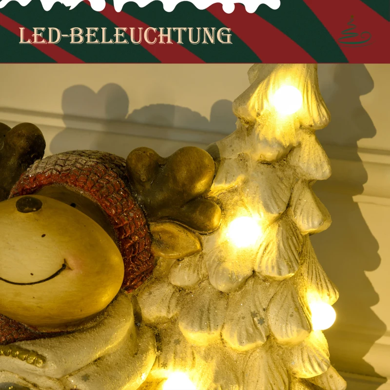 HOMCOM Weihnachtsdeko, Rentier mit Weihnachtsbaum, warme LED-Beleuchtung, Batteriebetrieb, In- und Outdoor, 44 cm