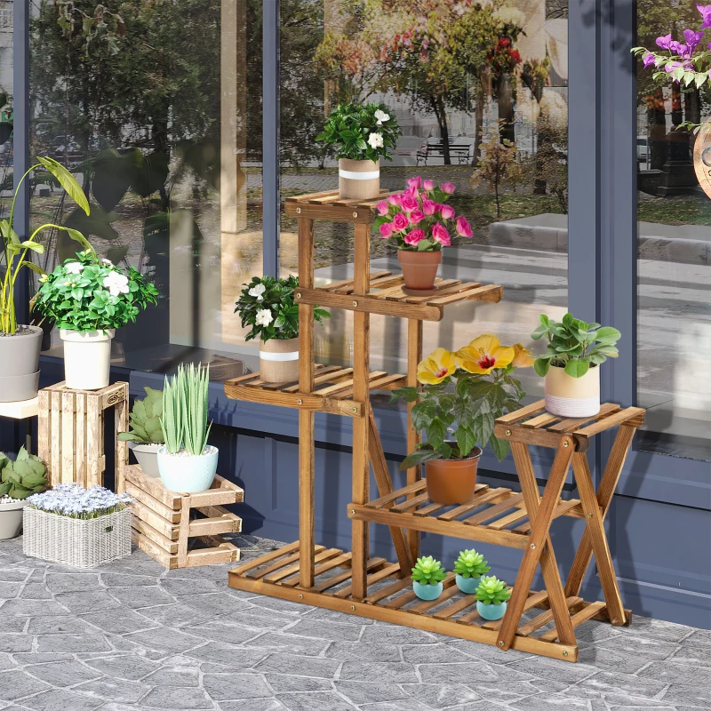 Outsunny Étagère à Fleurs en Bois Supports de Pots Porte Plante Bois 6 tablettes - dim. 98L x 28l x 95H cm - Bois de Sapin traité carbonisation pour Intérieur Jardin Terrasse Balcon