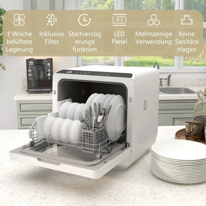 HOMCOM Kompakter Tischgeschirrspüler, 4 Gedecke, Trockenmodus, 6L Tank/Wasserhahn, Startverzögerung, LED, Weiß