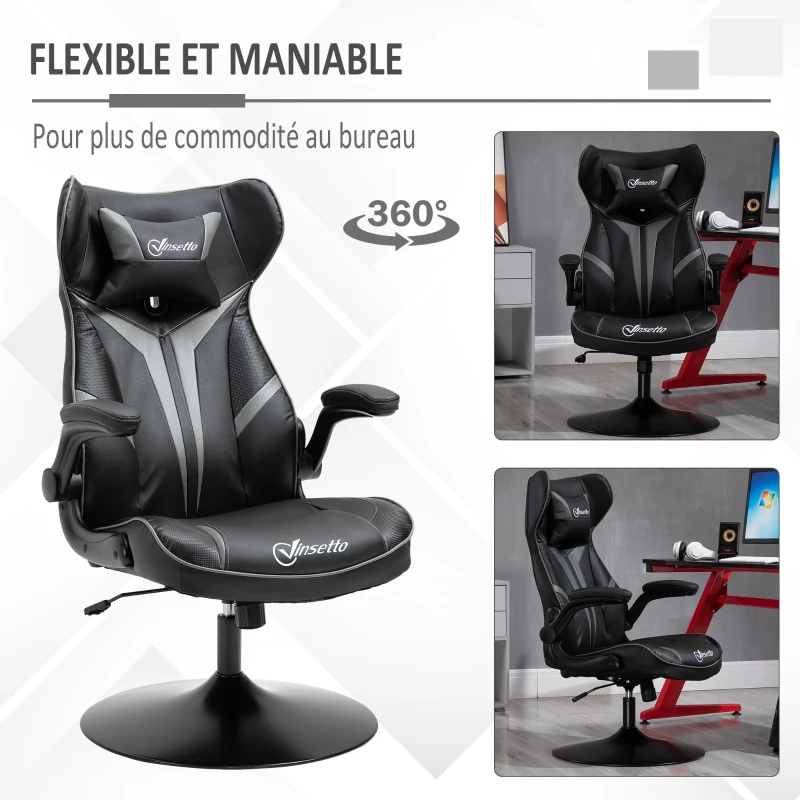 Vinsetto Fauteuil gamer chaise de jeu gaming pivotante 360° ergonomique hauteur réglable accoudoirs revelables coussin têtière inclus revêtement similicuir 67 x 70 x 106-112 cm gris clair et noir