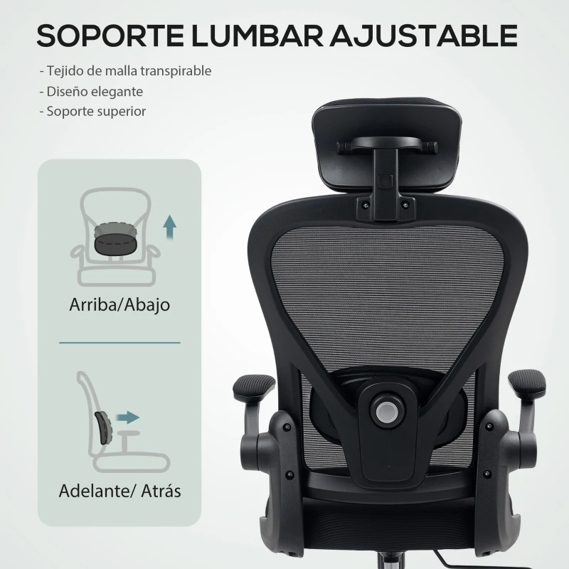 HOMCOM Silla de Escritorio de Malla Transpirable con Altura Ajustable Reposacabezas y Soporte Lumbar Ajustables Negro
