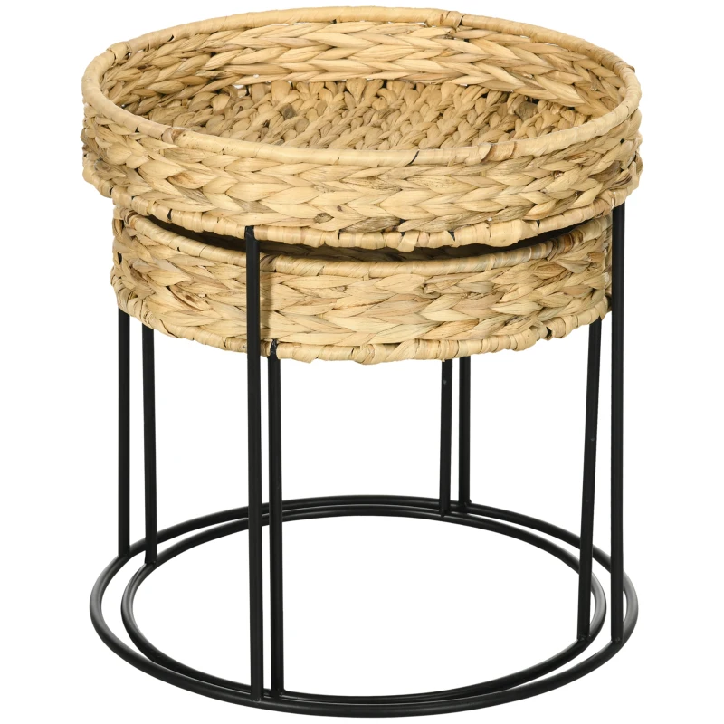 HOMCOM 2er-Set Beistelltische im Boho-Stil, stapelbar, Wasserhyazinthe, Natur + Schwarz