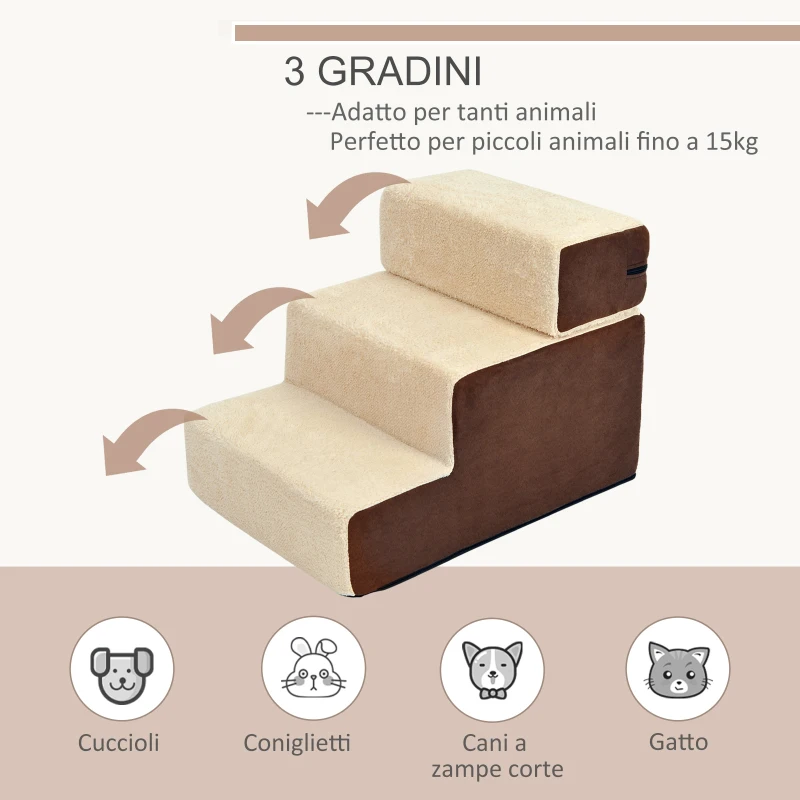 PawHut Scala per Cani e Cuccioli a 3 Gradini Rimovibili e Antiscivolo, Beige e Marrone, 54x40x39cm